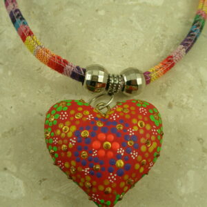 Mexican Handcrafted Painted Heart/Fabric NecklaceReversible -0