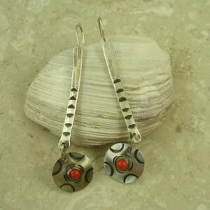 Hand Tooled Long Sterling Silver/Coral EarringsRed Dot-0