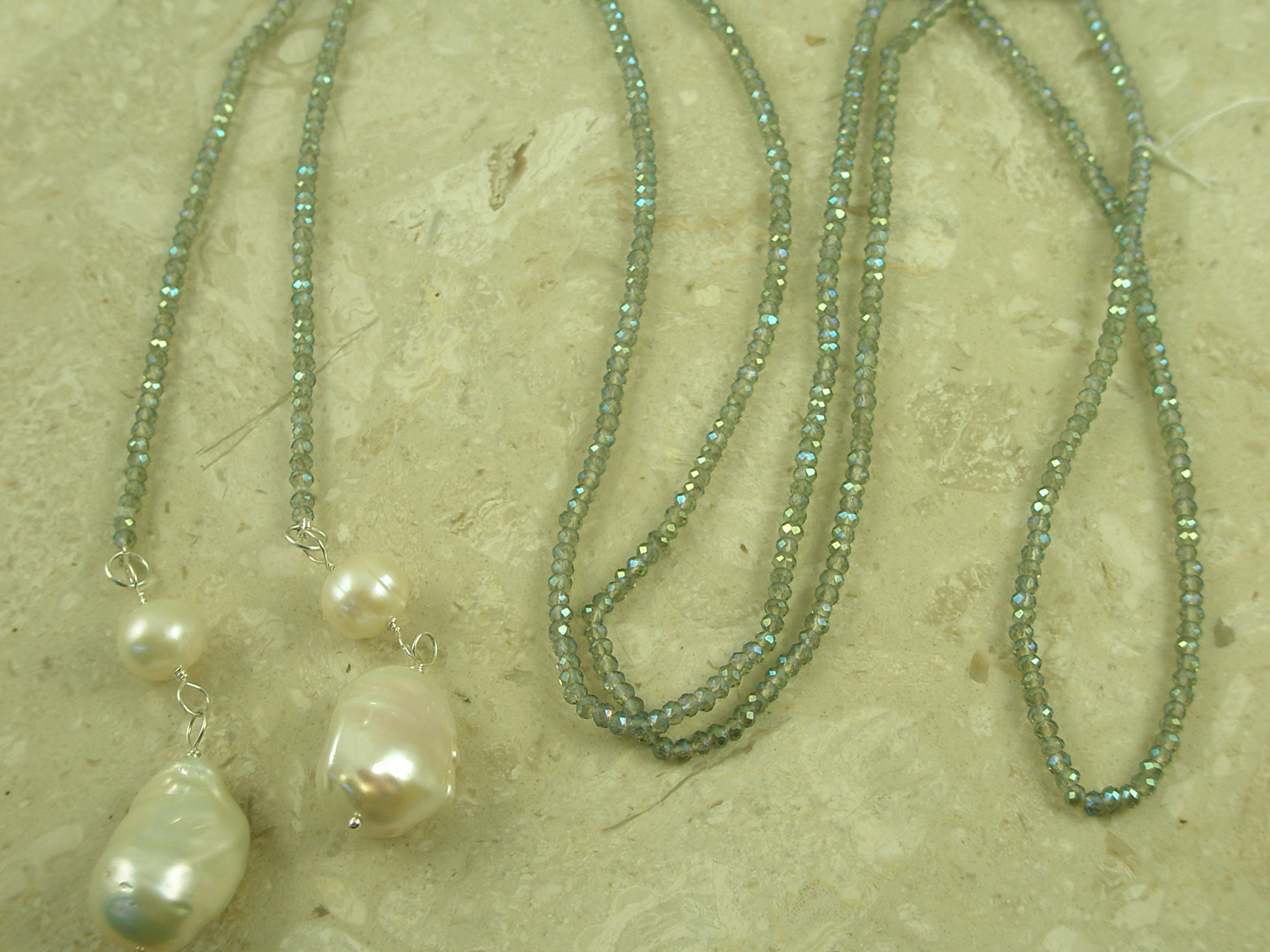 Long Crystal And Pearl Lariat Necklace Adorned By Lonnie