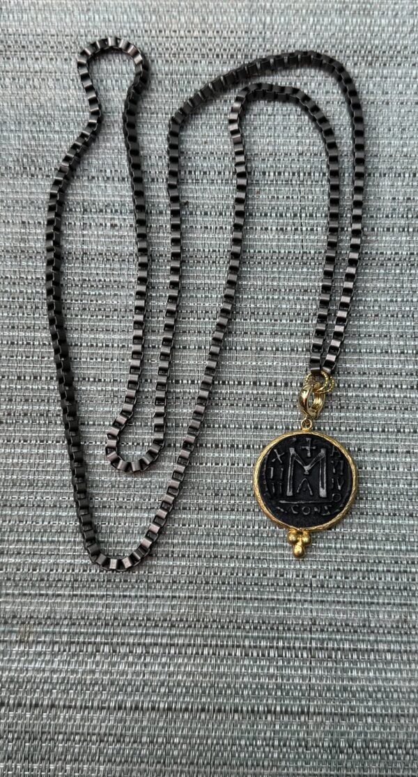 Gunmetal Long Coin Necklace/Metal Medal