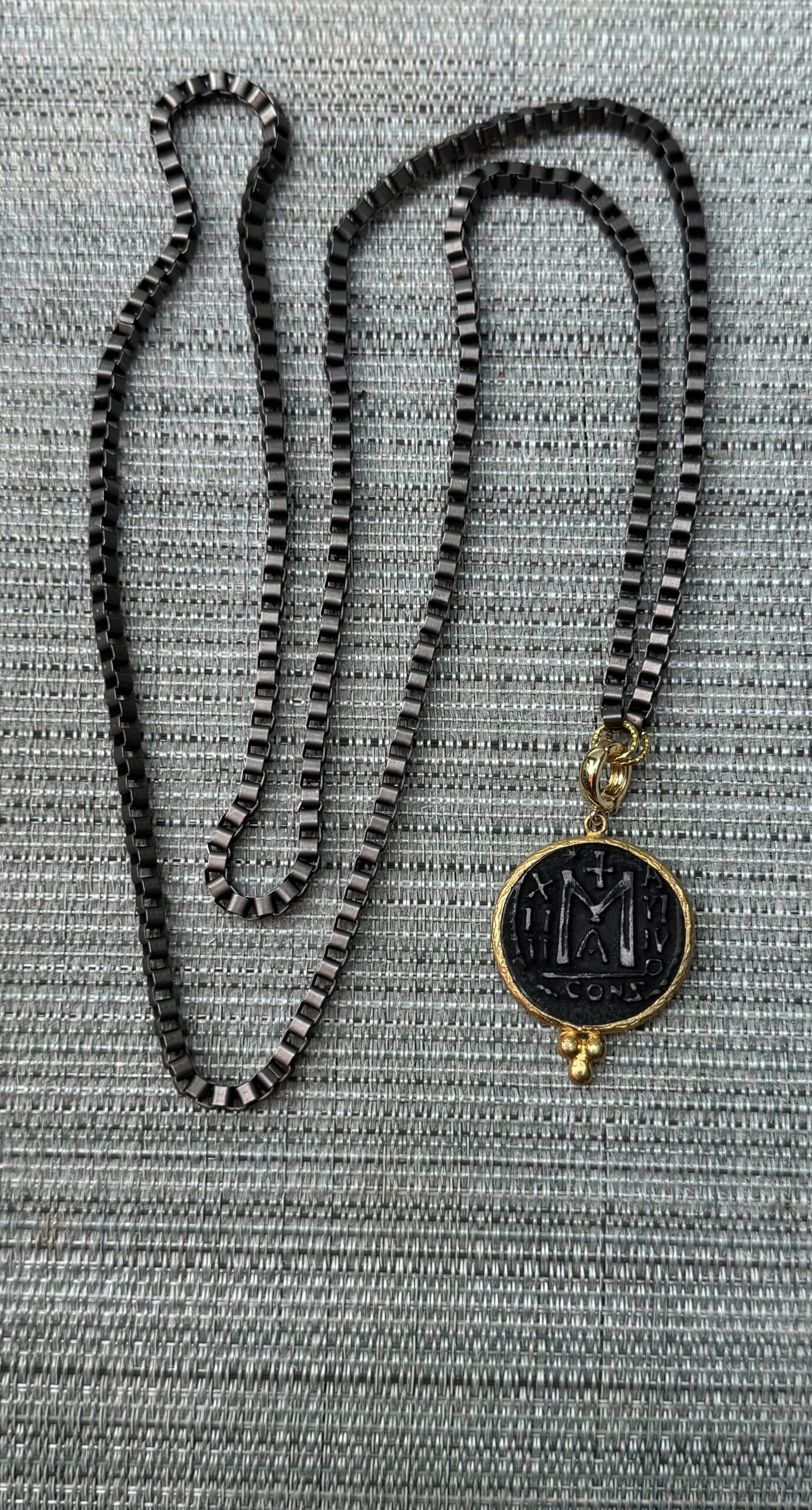 Gunmetal Long Coin Necklace/Metal Medal