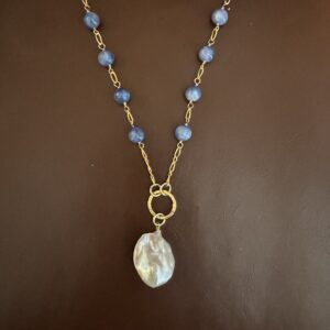 17" Golden Kyanite/Pearl Necklace/Blue Bird
