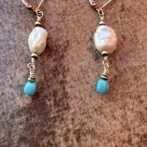 Turquoise/Pearl Dangle Earring/Girlie Turq